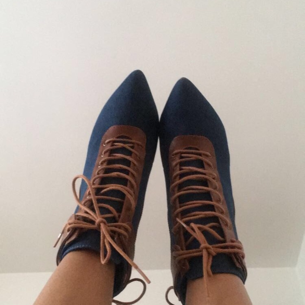 Denim and brown heels
